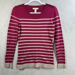 Banana Republic Cotton Wool Blend Sweater Fuchsia Beige Stripes Size S Preppy